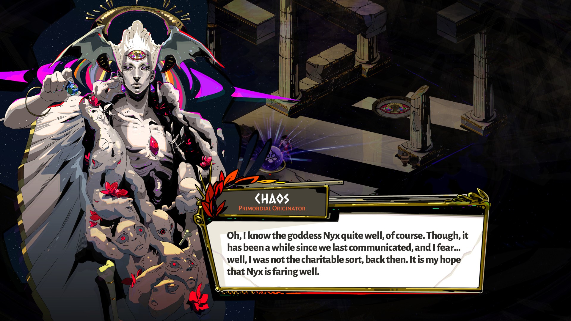 Image of Chaos from Hades, talking about Nyx.