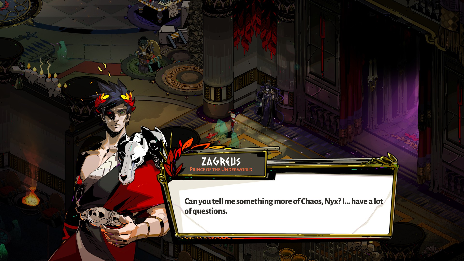 Image of Zagreus from Hades talking to Nyx, asking about Chaos.